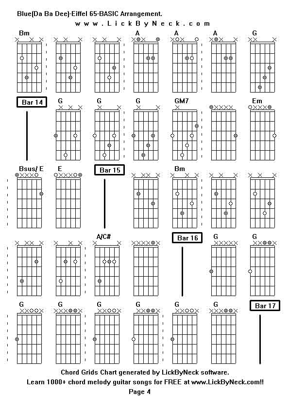 Chord Grids Chart of chord melody fingerstyle guitar song-Blue(Da Ba Dee)-Eiffel 65-BASIC Arrangement,generated by LickByNeck software.